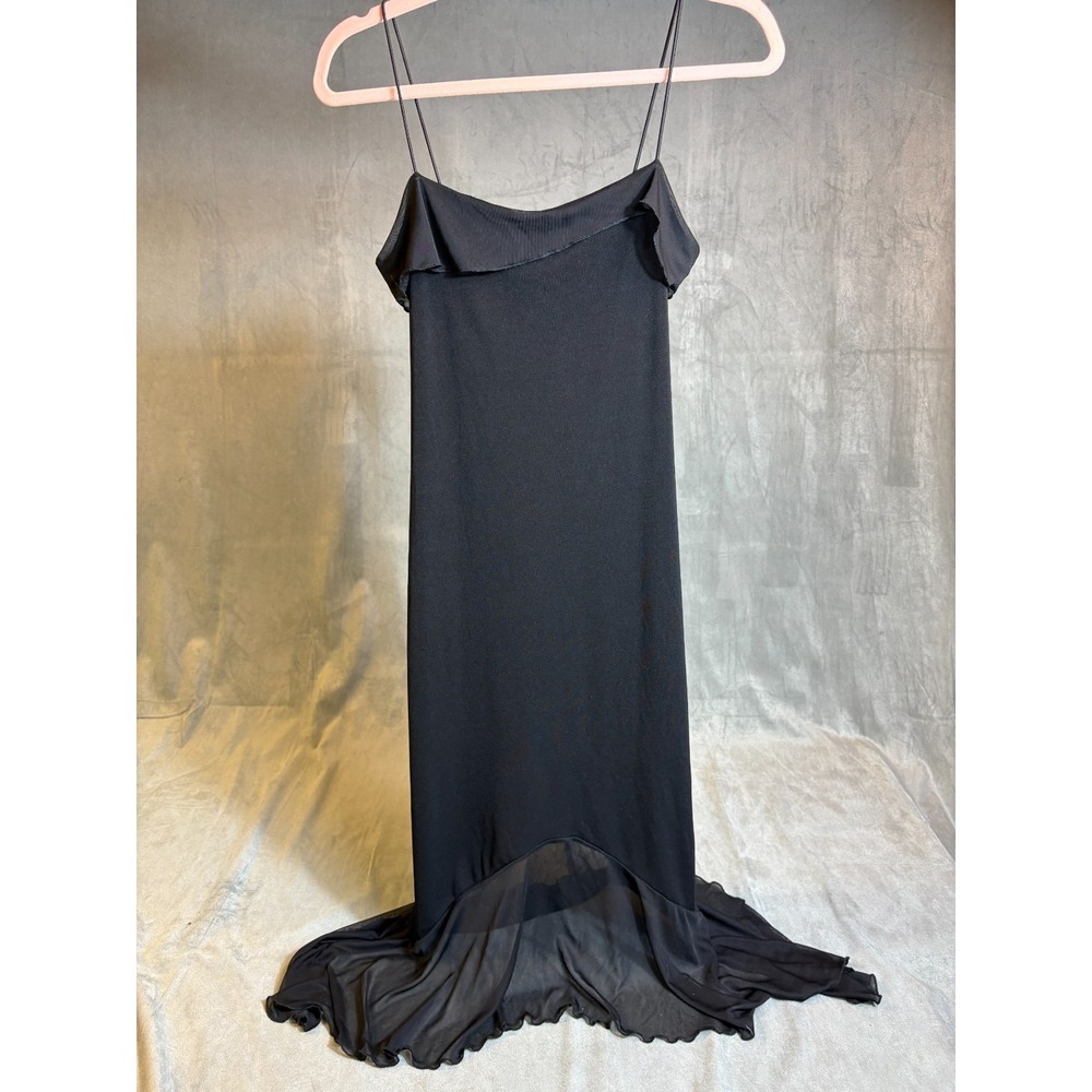 Vtg Y2K IZ Byer Black Midi Slip Dress Fairy Asymmetrical Sheer Spaghetti 90s S